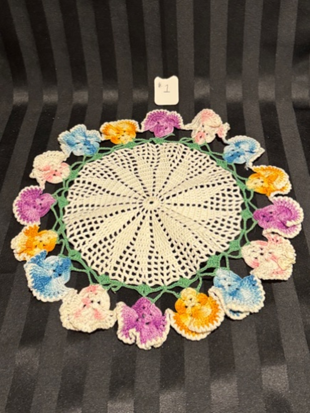 Two Handmade Crocheted Doilies with Multicolor Pastel Floral Edge